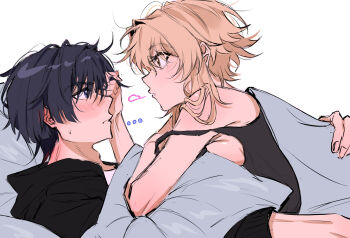 1boy 1girl bare_shoulders black_camisole black_hair black_jacket black_sleeves blonde_hair blunt_ends blush camisole closed_mouth commentary couple dintoge ear_blush eyelashes from_side genshin_impact girl_on_top hair_intakes hand_on_another's_back hetero highres indoors jacket looking_at_another lumine_(genshin_impact) messy_hair neck_blush on_bed open_mouth pillow playing_with_another's_hair profile puff_of_air purple_eyes scaramouche_(genshin_impact) shared_blanket shirt short_hair short_hair_with_long_locks sidelocks strap_slip symbol-only_commentary three-quarter_sleeves undershirt white_background white_shirt yellow_eyes