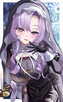 1girl alternate_breast_size_(larger) black_dress black_gloves black_veil blush breasts candle candlestand commentary_request covered_navel dress drill_hair drill_sidelocks finger_to_own_chin fingernails gloves guimpe highres holding holding_candle holding_candlestand hyakumantenbara_salome hyakumantenbara_salome_(4th_costume) impossible_clothes impossible_dress juliet_sleeves large_breasts long_fingernails long_hair long_sleeves looking_at_viewer n/p_(xrey2588) nijisanji nun official_alternate_costume outside_border puffy_sleeves puritan_collar purple_eyes purple_hair ringlets seductive_smile sidelocks smile solo thigh_strap torn_clothes veil virtual_youtuber