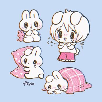 Rule 34 | 1girl, animal, animal ears, artist name, ayu (mog), blanket, blue background, blush, chibi, chibi only, chromatic aberration, commentary, crying, crying with eyes open, ears down, english commentary, flying sweatdrops, hood, hood down, hoodie, long sleeves, original, pants, pillow, pink pants, rabbit, rabbit ears, rabbit girl, rabbit tail, simple background, tail, tears, under covers, white hoodie