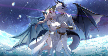 1boy 1girl absurdres armlet belt blonde_hair blue_flower blush bracelet braid breasts closed_mouth couple dragon dragon_horns dragon_tail dragon_wings dress fate/apocrypha fate_(series) field flower flower_field formal_clothes gold_armlet gold_belt gold_bracelet gold_necklace highres holding horns jacket jeanne_d'arc_(fate) jewelry long_braid long_hair long_sleeves luminosite_eternelle multiple_bracelets necklace night original outdoors pants plackart red_eyes shokobr sieg_(fate) single_braid skirt skirt_suit sky smile star_(sky) starry_sky suit tail very_long_hair white_hair white_suit wings