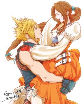 1boy 1girl 2025 aerith_gainsborough aerith_gainsborough_(garnet's_gown) artist_name black_gloves black_vest blonde_hair blue_eyes braid braided_ponytail breasts brown_hair choker closed_eyes closed_mouth cloud_strife cloud_strife_(zidane's_outfit) commentary_request cosplay couple crystal dress fig82117s final_fantasy final_fantasy_vii final_fantasy_vii:_ever_crisis garnet_til_alexandros_xvii garnet_til_alexandros_xvii_(cosplay) gloves grey_choker hair_ornament hairclip hetero highres jewelry juliet_sleeves long_dress long_hair long_sleeves looking_at_another medium_breasts official_alternate_costume open_mouth orange_dress parted_bangs pendant puffy_sleeves red_gloves short_hair sidelocks single_braid smile spiked_hair two-tone_dress vest white_background white_dress zidane_tribal zidane_tribal_(cosplay)