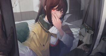 1girl absurdres brown_cape brown_eyes brown_gloves brown_hair cape checkered_floor covered_mouth covering_own_mouth door gloves hand_on_own_face hand_up heterochromia highres indoors lamp mirror neckerchief odecono3 ponytail red_eyes reflection reflection_focus reverse:1999 semmelweis_(reverse:1999) shirt single_glove solo upper_body white_neckerchief white_shirt