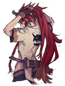 Rule 34 | 1boy, belt, black pants, brown gloves, commentary, fingerless gloves, from behind, gloves, green eyes, high ponytail, highres, holding, holding own hair, jacket, long hair, looking at viewer, luke fon fabre, male focus, pants, ponytail, profile, red hair, short sleeves, solo, spiked hair, sword, sword on back, tales of (series), tales of the abyss, upper body, very long hair, weapon, weapon on back, white background, white jacket, ybee (auecoe y)