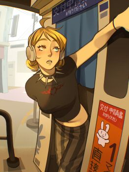 1girl ahoge blonde_hair blue_eyes breasts chromatic_aberration collar commentary english_commentary gluca headphones heterochromia highres medium_breasts medium_hair midriff navel orange_eyes original pants photo-referenced photo_booth shirt solo spiked_collar spikes striped_clothes striped_pants t-shirt translation_request vertical-striped_clothes vertical-striped_pants wireless_headphones wristband