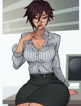 1girl absurdres black_hair breasts brown_eyes brown_hair dark-skinned_female dark_skin dispatch face_piercing glasses highres invisigal_(dispatch) looking_at_viewer loqu1t nose_piercing pencil_skirt piercing shirt short_hair skirt solo