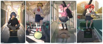 4girls absurdres amplifier bocchi_the_rock! box brick_floor column_lineup commentary dancing drum english_commentary gigbag gotoh_hitori green_tea guitar_case hallway headphones highres ijichi_nijika instrument instrument_case jl_tan kita_ikuyo marshall_amplification mole mole_under_eye multiple_girls on_box outdoors parody photo_background road school_uniform shimokitazawa_high_school_uniform shuka_high_school_uniform snare_drum standing_on_object tea toe train_interior yamada_ryo