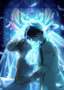 Rule 34 | 1boy, 1girl, bare arms, bare shoulders, black necktie, blonde hair, blue eyes, breasts, bridal veil, bride, brown hair, collared shirt, commentary request, couple, dress, earrings, falling feathers, feathers, flower, groom, gundam, gundam wing, hair between eyes, hair bun, hair flower, hair ornament, hand on another's arm, hands on another's waist, heero yuy, hetero, highres, husband and wife, imminent kiss, jacket, jewelry, lilithbloody, looking at another, medium breasts, necktie, pants, relena peacecraft, shirt, short hair, stained glass, strapless, strapless dress, suit jacket, updo, upper body, veil, wedding, white dress, white jacket, white pants, white shirt