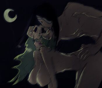 back_tattoo black_hair bleach bouncing_breasts breasts commentary english_commentary espada eyepatch facial_mark green_hair hanging_breasts hetero large_breasts long_hair mask mask_on_head nelliel_tu_odelschwanck nipples nnoitra_gilga nude number_tattoo sex sex_from_behind simple_background skull_on_head tattoo veeepawoon