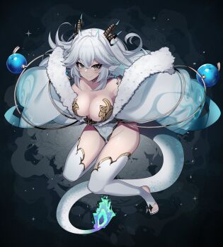 >:) 1girl absurdres aho bare_shoulders black_nails blue_fire breasts cleavage closed_mouth coat collarbone commentary crossed_bangs dragon_tail earrings english_commentary feet fire full_body fur-trimmed_coat fur_trim grey_eyes grey_leotard groin highres horns jewelry large_breasts leotard long_hair looking_at_viewer nail_polish official_alternate_costume sidelocks silver_hair smile solo sparkle stirrup_legwear tail thick_thighs thighhighs thighs toeless_legwear tsurime v-shaped_eyebrows vei_(vtuber) vei_(sky_empress)_(vtuber) virtual_youtuber vshojo white_thighhighs