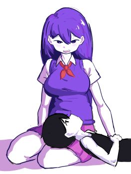 absurdres black_eyes black_hair blush highres long_hair louveg25 mari_(faraway)_(omori) mari_(omori) omori omori_(omori) purple_eyes purple_hair shirt short_hair skirt vest