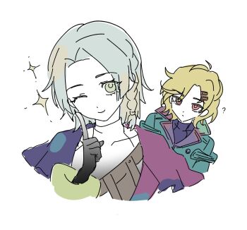 Rule 34 | 1girl, 1other, 2others, aqua coat, aqua hair, blonde hair, blush, braid, braided sidelock, coat, commentary request, genderswap, genderswap (otf), gloves, gnosia, gradient hair, green eyes, hair ornament, hairclip, highres, jacket, looking at viewer, medium hair, multicolored hair, multicolored jacket, multiple others, partially fingerless gloves, setsu (gnosia), solo, turtleneck, yukiii9876, yuri (gnosia)