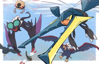 Rule 34 | bat (animal), bird, blue sky, border, braviary, bug, commentary request, crow, flying, gen 2 pokemon, gen 3 pokemon, gen 4 pokemon, gen 5 pokemon, gen 6 pokemon, gen 7 pokemon, murkrow, ninjask, nintendo, no humans, noivern, odd one out, open mouth, outdoors, outside border, pokemon, pokemon (creature), pokemon focus, sky, vikavolt, white border, yanmega, yukitake (bullfalk)