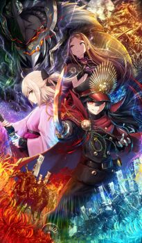 1boy 3girls ahoge architecture armor army banner battle_standard belt black_belt black_bow black_gloves black_hair black_hat black_jacket black_kimono black_pants black_sash blonde_hair blue_fire blue_flower blue_spider_lily bow brown_eyes brown_hair burning buttons cape chacha_(fate) chain command_spell commentary covered_face diffraction_spikes double-breasted drawing_sword east_asian_architecture eye_trail fate/grand_order fate_(series) fire floating_hair flower full_moon fur-trimmed_gloves fur_trim glint gloves glowing glowing_eyes grin hair_between_eyes hair_bow hairband half_updo hat helmet holding holding_sword holding_weapon jacket japanese_armor japanese_clothes k-suwabe katana kimono light_trail long_hair long_sleeves looking_at_viewer looking_to_the_side moon multiple_girls obi oda_nobunaga_(fate) oda_nobunaga_(koha-ace) oda_uri official_art okita_souji_(fate) okita_souji_(koha-ace) pants parted_bangs parted_lips peaked_cap pink_kimono pink_sash red_cape red_eyes red_flower samurai sash serious sheath sheathed shibata_katsuie_(fate) short_hair short_sleeves sidelocks smile spider_lily sword teeth third-party_source unsheathing war_banner weapon white_gloves wide_sleeves yellow_eyes yellow_hairband