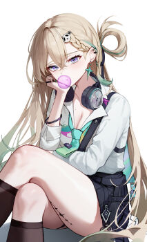 1girl absurdres aqua_necktie bagya black_skirt blonde_hair blowing_bubble_gum blue_hair braid braided_bangs breasts chewing_gum cleavage commentary crossed_legs earrings gradient_hair graffiti hair_ornament headphones headphones_around_neck highres jewelry long_hair looking_at_viewer lynae_(wuthering_waves) medium_breasts multicolored_hair necktie purple_eyes shirt shirt_tucked_in sitting skirt skull_hair_ornament star_(symbol) star_earrings thigh_marking white_shirt wuthering_waves