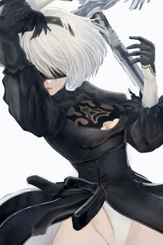 Rule 34 | 1girl, 2b (nier:automata), arm up, black dress, black gloves, blindfold, breasts, cleavage cutout, clothing cutout, commentary, covered eyes, cowboy shot, dress, facing viewer, feather-trimmed sleeves, gloves, gluteal fold, grey hair, groin, highres, juliet sleeves, leotard, leotard under clothes, long sleeves, medium breasts, mitsuki nite, mole, mole under mouth, nier:automata, nier (series), parted lips, puffy sleeves, short hair, side slit, simple background, solo, standing, sword, twitter username, virtuous treaty, weapon, white background, white leotard