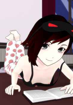 1girl 3d barefoot book breasts camisole downblouse feet grey_eyes highres looking_at_viewer lvl3toaster nipples no_bra pajamas ruby_rose rwby small_breasts smile source_request wardrobe_malfunction