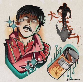 1boy akira_(manga) bandage_on_face bandages black_hair commentary csmbtc english_commentary highres jacket kaneda_shoutarou_(akira) leather leather_jacket male_focus multiple_views red_jacket shadow simple_background sparkle spinal_cord stasis_tank teeth translation_request