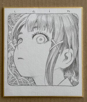 1girl cable close-up commentary_request graphite_(medium) hair_ornament highres iwakura_lain looking_at_viewer monochrome murata_range photo_(medium) serial_experiments_lain shikishi single_sidelock solo traditional_media x_hair_ornament