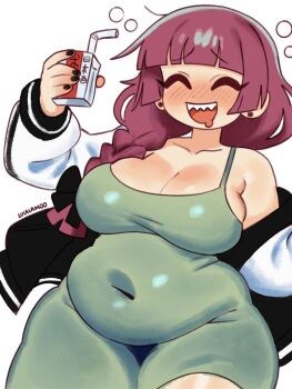 1girl alcohol alcohol_carton alternate_breast_size_(larger) artist_name bad_source bare_shoulders black_bow black_nails blunt_bangs blush bocchi_the_rock! bow braid braided_ponytail breasts bubble cleavage closed_eyes collarbone covered_navel cowboy_shot dot_nose dress drink_carton drinking_straw drooling ear_piercing furrowed_brow green_dress hair_bow hiroi_kikuri holding_carton jacket large_breasts long_hair long_sleeves lulalamoo mouth_drool off_shoulder open_mouth piercing plump red_hair sharp_teeth simple_background solo squeans teeth thick_thighs thighs upper_teeth_only white_background white_jacket