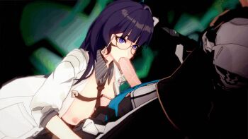 1boy 1girl 3d animated animated_gif black_gloves blinking blue_eyes breast_press breasts breasts_out cheek_bulge choker coat deepthroat dutch_angle eyebrows eyebrows_hidden_by_hair fellatio from_side glasses gloves gradient_eyes grey_shirt hair_over_shoulder hand_on_another's_head hetero honkai_(series) honkai_impact_3rd indoors kevin_kaslana kneeling lab_coat laboratory large_breasts long_sleeves looking_at_another looking_down looking_up mei_(honkai_impact) multicolored_eyes necktie nipples nose one_eye_closed open_clothes oral pantyhose penis purple_eyes purple_hair round_eyewear saliva saliva_trail science science_fiction shinaosumata shirt sidelocks sleeves_rolled_up standing striped_clothes swallowing wince