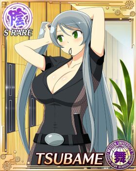 1girl adjusting_hair arms_up black_jumpsuit breasts cleavage collarbone game_cg green_eyes grey_hair hair_tie_in_mouth indoors jumpsuit large_breasts light_blush locker locker_room long_hair looking_to_the_side mouth_hold official_art one_side_up plant potted_plant senran_kagura senran_kagura_new_wave solo swept_bangs third-party_source tsubame_(senran_kagura) very_long_hair