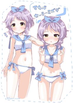 1girl bare_arms bikini blush border breasts closed_mouth collarbone dotted_line highres idolmaster idolmaster_million_live! looking_at_viewer makabe_mizuki multiple_views navel open_mouth purple_hair remiri_nicoeli sailor_collar sailor_swimsuit_(idolmaster) short_hair simple_background small_breasts solo_focus standing swimsuit white_background white_bikini yellow_eyes