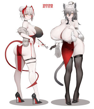 2026 2girls absurdres alternate_breast_size_(larger) animal_ears arknights black_socks breasts commentary_request covered_erect_nipples demon_horns garter_straps gloves grey_hair high_heels highres horns huge_breasts long_hair multiple_girls nail_polish over-kneehighs pigeon-toed red_nails schwarz_(arknights) short_hair simple_background smoking_pipe socks thighhighs veins veiny_breasts w_(arknights) white_background yat_(tsmn7245) yellow_eyes