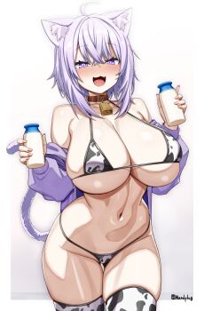 1girl absurdres animal_ears animal_print bell bikini blush bottle breasts cat_ears cat_girl cat_tail cow_print cow_print_bikini cow_print_thighhighs curvy handplug highres holding holding_bottle hololive huge_breasts milk_bottle navel neck_bell nekomata_okayu open_mouth print_bikini print_thighhighs purple_eyes purple_hair simple_background solo stomach swimsuit tail thighhighs virtual_youtuber white_background