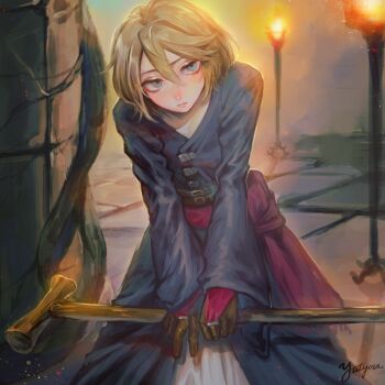 Rule 34 | 1boy, auch (unicorn overlord), bishounen, black robe, blonde hair, blue eyes, blush, closed mouth, commentary request, eyelashes, fire, gloves, hair between eyes, highres, holding, holding staff, holding weapon, leaning forward, light particles, long sleeves, looking at viewer, male focus, pillar, pink lips, robe, short hair, signature, solo, staff, unicorn overlord, weapon, wooden staff, yatyou6666