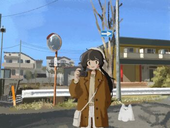 Rule 34 | 1girl, arm behind back, bag, bare tree, beret, black hair, blue sky, blush stickers, brown coat, building, bush, camera, coat, hat, highres, holding, holding camera, kyora-chan (kyora san), kyora san, lapels, low twintails, notched lapels, open clothes, open coat, original, pants, power lines, sheet ghost, sky, smile, solo, traffic mirror, tree, twintails, white bag, white hat, white pants
