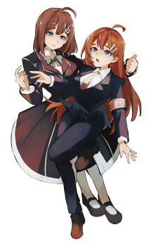 Rule 34 | 2girls, ahoge, armband, black jacket, black pants, black shoes, blue eyes, bow, bowtie, brown armband, brown coat, brown hair, brown necktie, brown shoes, coat, collared shirt, full body, green bow, green bowtie, hair ornament, hairclip, highres, hod (project moon), jacket, library of ruina, lobotomy corporation, long hair, long sleeves, looking at another, looking at viewer, multiple girls, nakame77, necktie, open mouth, pants, pantyhose, project moon, shirt, shoes, simple background, standing, white background, white pantyhose, white shirt