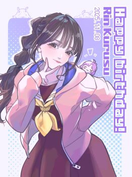 2girls :3 absurdres aegyo_sal ahoge anyoji_hime anyoji_hime_(cosplay) blush braid brown_dress brown_eyes brown_hair character_name closed_mouth cosplay dated dress eyelashes grey_background happy_birthday highres hood hoodie kirisaki_nuko kurusu_rin link!_like!_love_live! long_hair long_sleeves looking_at_viewer love_live! mini_person minigirl mole mole_under_eye multiple_girls neckerchief open_clothes open_hoodie pink_hair pink_hoodie pink_lips real_life sailor_collar sailor_dress smile v v_over_mouth voice_actor voice_actor_connection white_sailor_collar winter_uniform yellow_neckerchief zipper