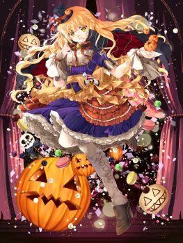 1girl alpaca_connect apron black_cape black_dress black_hat block_heels blonde_hair blueberry boots bow braid breasts brooch brown_boots cake_pop candy cape chocolate confetti curtains downturned_eyes dress fang food food-themed_ornament food_art frilled_apron frilled_dress frilled_wrist_cuffs frills fruit full_body gaiters hair_between_eyes halloween hand_on_own_chest hand_up hat hat_ribbon high_heel_boots high_heels highres holding holding_food holding_pumpkin holding_vegetable jack-o&#039;-lantern jewelry long_hair looking_at_viewer macaron medium_dress mini_hat mini_top_hat natsumiakym neck_ribbon open_hand open_mouth orb overskirt popped_collar pumpkin pumpkin_hat_ornament purple_dress red_cape red_ribbon red_skirt ribbon shirt short_sleeves side_braid skirt sleeve_cuffs small_breasts solo standing standing_on_one_leg striped_clothes striped_dress surprised teeth tokyo_insomnia top_hat two-sided_cape two-sided_fabric upper_teeth_only vegetable vertical-striped_clothes vertical-striped_dress very_long_hair waist_apron waist_bow wavy_hair white_shirt white_wrist_cuffs wrapped_candy wrist_cuffs yellow_apron yellow_bow yellow_eyes