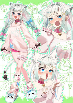 +++ 1girl :d absurdres ahoge animal_ear_fluff animal_ears animal_slippers asymmetrical_legwear bell black_bow black_ribbon blue_bow blue_eyes blue_slippers bow bow_legwear braid cat_ears cat_girl cat_slippers cat_tail clothes_writing collar collarbone commentary drawn_heart fang flat_chest frilled_thigh_strap gradient_hair green_hair green_nails grid_background hair_bow hair_intakes hair_ornament hairclip hand_up heart heart-shaped_pupils heart_in_mouth highres ikada_nami indie_virtual_youtuber jingle_bell kneehighs long_hair long_sleeves low_twin_braids mesugaki_pose mint_fantome mint_fantome_(otaku) mismatched_pupils multicolored_hair multiple_hair_bows multiple_views nail_polish neck_bell off-shoulder_sweater off_shoulder open_mouth parallel_hairclips pink_bow pink_shorts red_collar ribbon ribbon-trimmed_sleeves ribbon-trimmed_socks ribbon_trim short_shorts shorts skin_fang sleeve_bow sleeves_past_wrists slippers smile socks sweat sweater symbol-shaped_pupils tail tail_bow tail_ornament tail_ribbon thigh_strap twin_braids twintails two-tone_hair uneven_legwear virtual_youtuber white_hair white_socks white_sweater x_hair_ornament