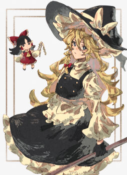 2girls apron black_hair black_hat black_skirt black_vest blonde_hair blue_eyes bow braid chibi chibi_inset closed_mouth detached_sleeves expressionless frilled_apron frills gohei hair_between_eyes hair_bow hakurei_reimu hat hat_bow highres holding holding_gohei kirisame_marisa long_hair long_sleeves multiple_girls oftooon red_bow red_skirt red_vest side_braid single_braid skirt solo_focus touhou very_long_hair vest waist_apron white_apron white_bow wide_brim witch_hat