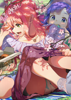3girls absurdres adjusting_hair ahoge amatsu_amaguri bangs_pinned_back blanket blurry blurry_background blurry_foreground braid branch character_request collarbone crotch_seam dappled_sunlight day depth_of_field donut feet_out_of_frame fingernails floral_print floral_print_skirt flower food frilled_shirt frills grass green_eyes grey_socks hair_ribbon hand_up highres holding holding_food idolmaster idolmaster_cinderella_girls knees_up lace lace-trimmed_socks lace_trim long_fingernails looking_at_food menstrual_pad multiple_girls nail_polish no_shoes on_blanket open_mouth orange_hair orange_nails out_of_frame outdoors panties pantyshot picot_trim_panties pink_ribbon print_skirt purple_eyes purple_hair purple_skirt ribbon saionji_kotoka shade shadow shirt short_sleeves sidelocks sitting skirt skirt_tug smile socks solo_focus striped_blanket sunlight tongue underwear white_panties white_shirt wispy_bangs