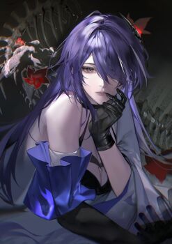 1girl absurdres acheron_(honkai:_star_rail) black_choker black_gloves bone breasts chinese_commentary choker cleavage commentary_request detached_sleeves flower gloves hair_over_one_eye hand_on_own_face highres honkai:_star_rail honkai_(series) long_hair looking_at_viewer multicolored_hair purple_eyes purple_hair red_flower single_bare_shoulder skeleton solo streaked_hair zhishi_yuyuanqiu