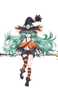 1girl a_xi_xi absurdres asymmetrical_legwear bare_shoulders broom broom_riding collarbone commentary_request date_a_live full_body gem green_eyes green_gem green_hair hair_between_eyes hair_ornament hat highres kyouno_natsumi long_hair looking_at_viewer navel shorts smile solo suspender_shorts suspenders transparent_background uneven_legwear witch witch_hat