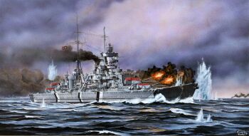 6+boys absurdres anti-aircraft anti-aircraft_gun battle battleship bismarck_(battleship) cruiser firing flag heavy_cruiser highres kriegsmarine mast military_uniform military_vehicle multiple_boys naval_battle naval_uniform naval_working_uniform nazi_war_ensign ocean original prinz_eugen_(cruiser) ship signature smoke smokestack under_fire vehicle_focus vortex_(xu_xuanwo) warship watercraft waves world_war_ii