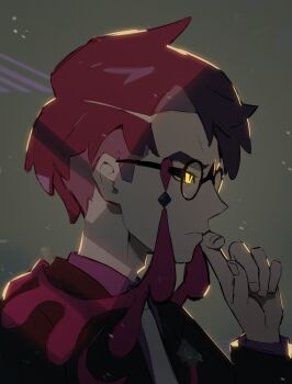 1boy black-framed_eyewear black_jacket closed_mouth collared_shirt commentary_request corbeau_(pokemon) dated_commentary from_side frown glasses glowing glowing_eyes grey_background hand_up highres jacket long_sleeves male_focus necktie nintendo picklehaterx_x pokemon pokemon_legends:_z-a purple_shirt revision round_eyewear shirt short_hair solo upper_body white_necktie yellow_eyes