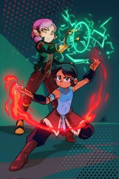 2girls amity_blight asami_sato asami_sato_(cosplay) avatar_legends black_hair cosplay crossover dark-skinned_female dark_skin electricity electrokinesis element_bending fighting_stance fire gauntlets highres korra korra_(cosplay) kung_fu luz_noceda multiple_girls pointy_ears purple_hair pyrokinesis single_gauntlet the_legend_of_korra the_owl_house vago