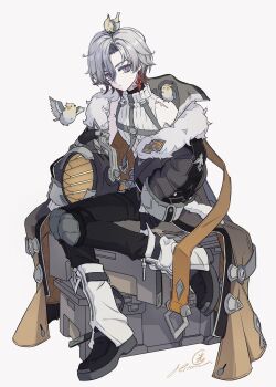 1boy animal animal_on_head animal_on_shoulder bird bird_on_head bird_on_shoulder black_coat black_jacket black_pants book boots closed_mouth coat colored_inner_hair earrings full_body fur-trimmed_coat fur_trim genshin_impact gloves grey_coat grey_hair hair_between_eyes hashtag-only_commentary helmet highres hikaru002001 illuga_(genshin_impact) jacket jewelry knee_pads long_sleeves looking_at_viewer male_focus mole mole_under_eye multicolored_hair off_shoulder on_head open_clothes open_coat pants purple_eyes red_hair shirt shoes short_hair signature simple_background single_earring sitting sleeveless sleeveless_shirt solo white_background white_shirt