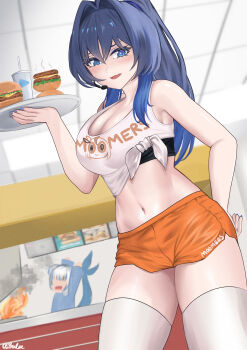 2girls absurdres alternate_costume alternate_hairstyle blue_hair blue_streaks blush breasts brulee cleavage colored_inner_hair cropped_shirt fang fins fish_tail gawr_gura grey_hair highres hololive hololive_english hooters large_breasts long_hair looking_at_viewer multicolored_hair multiple_girls orange_shorts ouro_kronii ponytail shark_girl shark_tail shirt shorts sidelocks skin_fang smile solo streaked_hair tail thighhighs tied_shirt virtual_youtuber white_shirt white_thighhighs