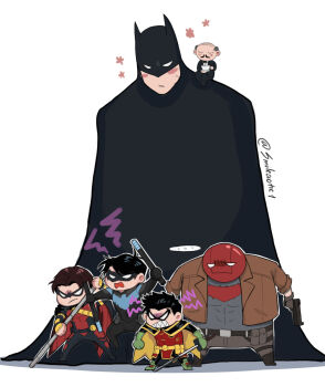 alfred_pennyworth bat_signal batman batman_(series) batman_symbol belt black_cape black_gloves black_hair bodysuit bruce_wayne cape closed_mouth commentary cowl damian_wayne dc_comics dick_grayson domino_mask english_commentary eye_mask family father_and_son gloves grey_bodysuit highres jason_todd male_focus mask multicolored_bodysuit multiple_boys muscular muscular_male nightwing red_hood_(dc) red_robin robin_(dc) short_hair simple_background smileaotic1 superhero_costume taut_bodysuit tim_drake two-tone_bodysuit utility_belt