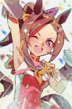 1girl animal_ears arm_up asymmetrical_gloves black_gloves blush breasts brown_hair confetti epaulettes flower_in_eye gloves gold_hairband hairband highres horse_ears horse_girl horse_tail long_hair looking_at_viewer mismatched_gloves neckerchief one_eye_closed open_mouth picklehaterx_x ponytail purple_eyes sakura_bakushin_o_(blossom_in_learning)_(umamusume) sakura_bakushin_o_(umamusume) shirt sleeveless sleeveless_shirt smile solo star_(symbol) symbol_in_eye tail teeth umamusume upper_body upper_teeth_only white_gloves yellow_neckerchief