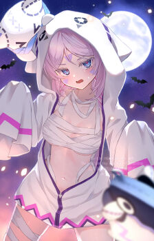 1girl absurdres alternate_costume bandaged_chest blue_hair blush breasts citlali_(genshin_impact) collarbone facial_mark forehead_mark full_moon genshin_impact ghost_pose halloween halloween_costume highres hood hoodie long_hair looking_at_viewer medium_breasts moon navel night night_sky partially_unzipped pink_hair pink_pupils rinmel9 sky sleeves_past_fingers sleeves_past_wrists solo star_(sky) stomach sweatdrop triangle triangle_facial_mark wavy_mouth white_hoodie