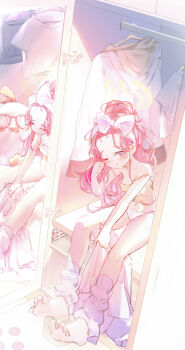 1girl barefoot blue_archive cabinet doll halo peroro_(blue_archive) red_hair shirt sitting solo troble7410 white_shirt yellow_halo yuzu_(blue_archive)