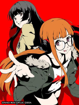 2girls artist_request black-framed_eyewear black_eyes black_hair black_shorts brown_eyes commentary english_commentary floating_hair fur-trimmed_jacket fur_trim glasses green_jacket grin headphones jacket long_hair long_sleeves multiple_girls off_shoulder official_art orange_hair persona persona_5 persona_5:_the_phantom_x red_background sakura_futaba school_uniform second-party_source shadow shorts simple_background smile tanemura_riko tongue tongue_out yellow_jacket