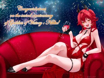 1girl :d absurdres aerial_fireworks alcohol anniversary bare_shoulders between_breasts black_choker black_gloves black_shoes breasts choker cleavage clothing_cutout collarbone commentary_request couch cup dress drinking_glass earrings evening_gown fingerless_gloves fireworks full_body gloves goddess_of_victory:_nikke hair_between_eyes hair_flaps hair_intakes high_heels highres holding holding_cup horns jewelry large_breasts long_hair looking_at_viewer mechanical_horns navel navel_cutout official_alternate_costume on_couch open_mouth patent_heels pumps red_dress red_hair red_hood_(nikke) red_hood_(nonsense_red)_(nikke) red_wine revealing_clothes shoes sidelocks sitting sleeveless sleeveless_dress smile solo stomach strap_between_breasts thigh_strap twitter_username typo wine wine_glass yazuki_(n_y_0714) yellow_eyes