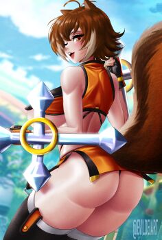 1girl absurdres animal_ears ass blazblue blue_sky breasts brown_hair cloud crop_top evildei fingerless_gloves from_behind gloves highres large_breasts looking_back makoto_nanaya microskirt one_eye_closed sagging_breasts short_hair skirt sky squirrel_ears squirrel_tail tail teeth thighhighs thong tonfa underboob upper_teeth_only weapon wink